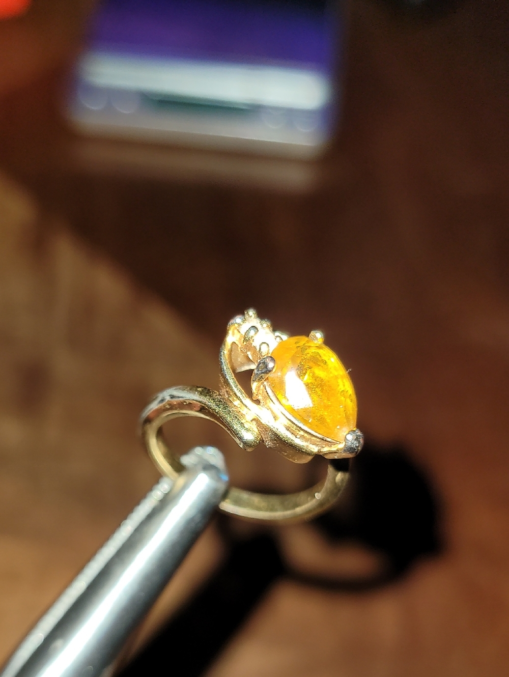 Vintage. Gold- Plated Sterling Silver Ring.  Pear Citrine, 2 Diamonds. Size 6.5